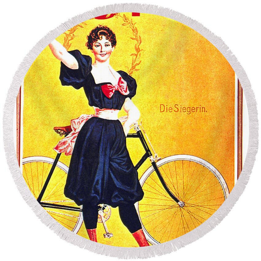Vintage Round Beach Towel featuring the mixed media Opel Cycles - Bicycle - Vintage Advertising Poster by Studio Grafiikka