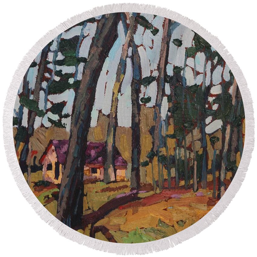 2045 Round Beach Towel featuring the painting Opinicon Cabin Through the Oaks by Phil Chadwick