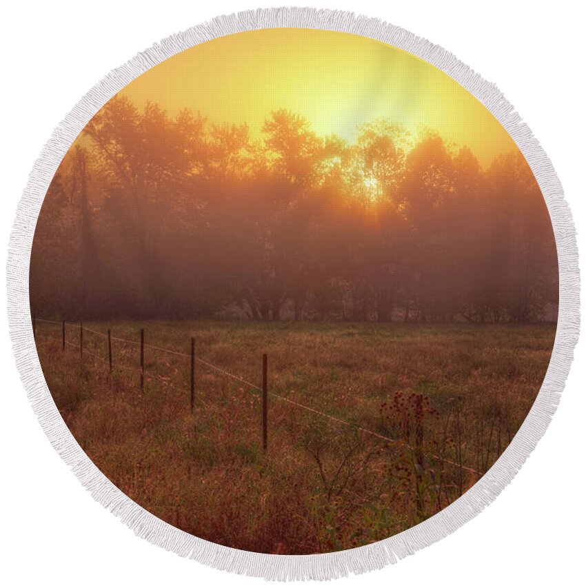 Mist Round Beach Towel featuring the photograph Oranage Dawn by Robert Charity