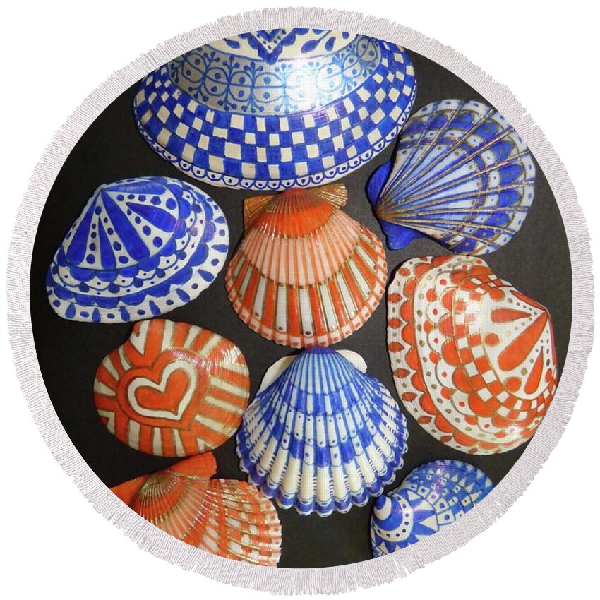 Shell Round Beach Towel featuring the photograph Orange and Blue Sharpie Shells by Jean Wright