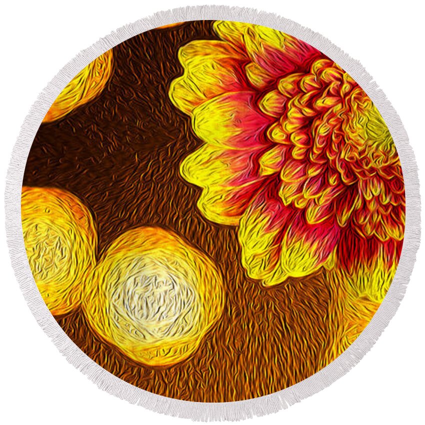 Abstract Round Beach Towel featuring the photograph Orange and Red Chrysanthemum Oil Painting Art by John Williams