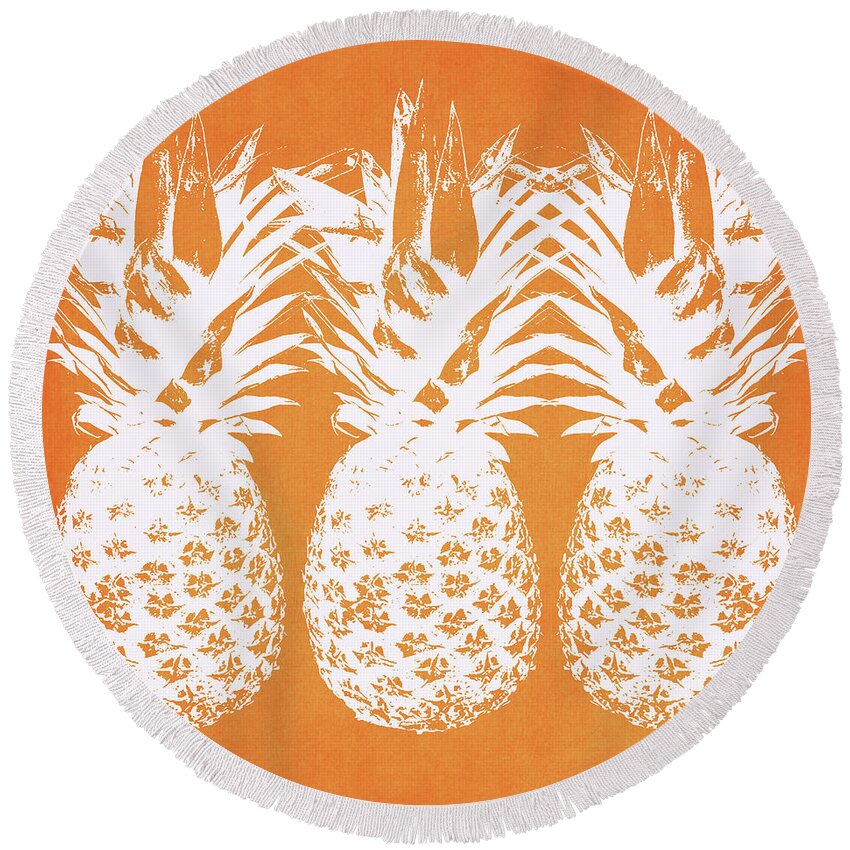 Pineapple Round Beach Towel featuring the painting Orange and White Pineapples- Art by Linda Woods by Linda Woods