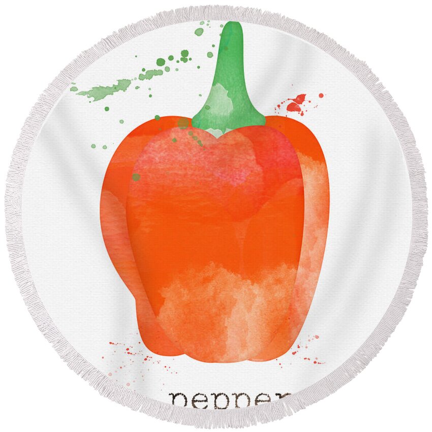 Bell Pepper Round Beach Towel featuring the painting Orange Bell Pepper by Linda Woods