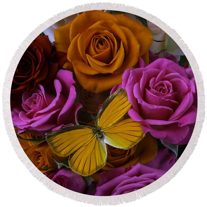 Rose Round Beach Towel featuring the photograph Orange Butterfly In Roses by Garry Gay