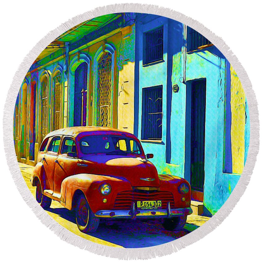 Havana Round Beach Towel featuring the painting Orange Classic Car - Havana Cuba by Chris Andruskiewicz