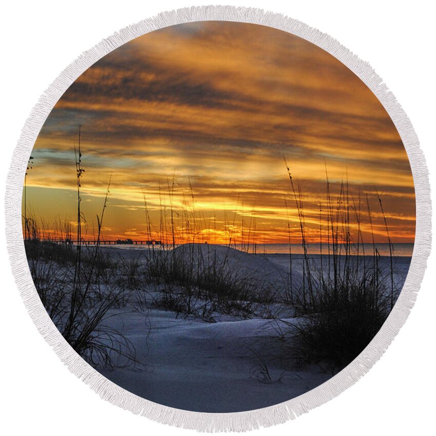 Palm Round Beach Towel featuring the digital art Orange Clouded Sunrise over the Pier by Michael Thomas