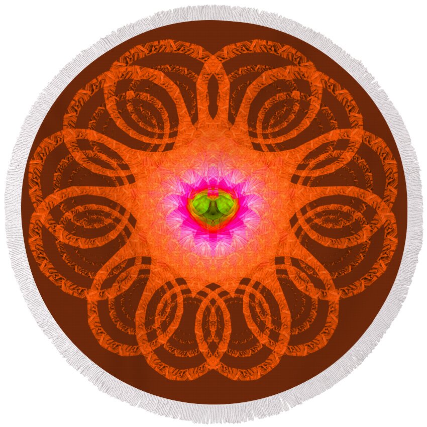 Orange Round Beach Towel featuring the digital art Orange fractal art mandala style by Matthias Hauser