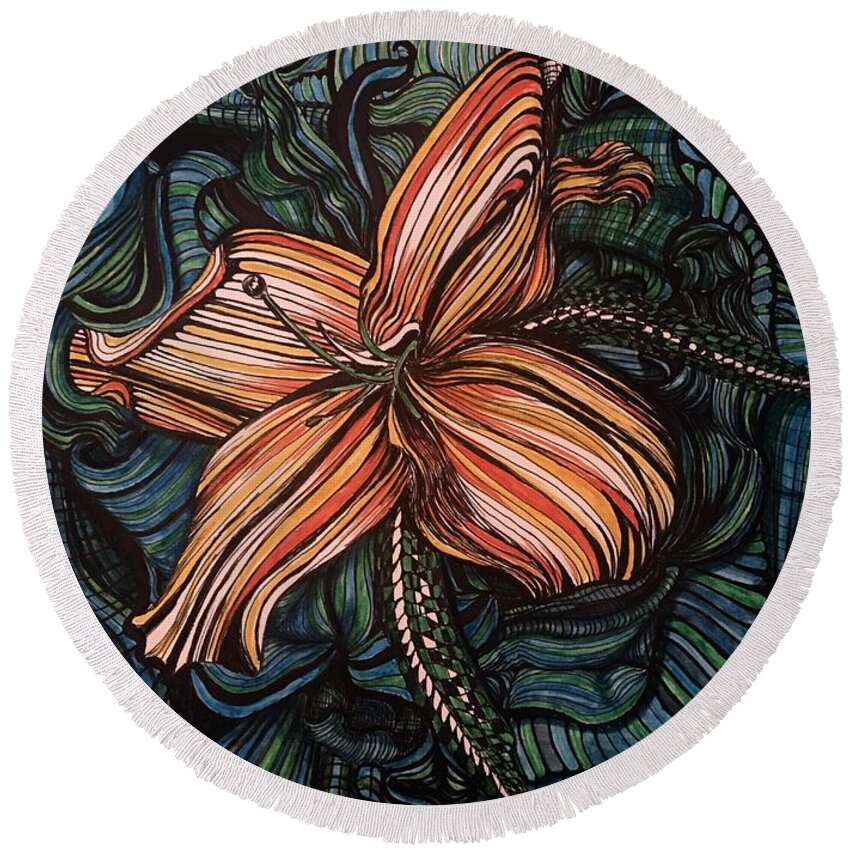 Line Round Beach Towel featuring the drawing Orange Lily by Mastiff Studios