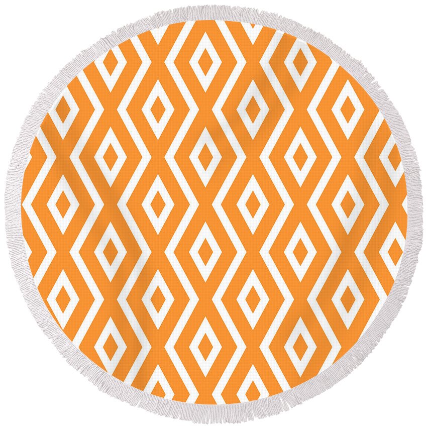 Orange Round Beach Towel featuring the mixed media Orange Diamond Pattern by Christina Rollo