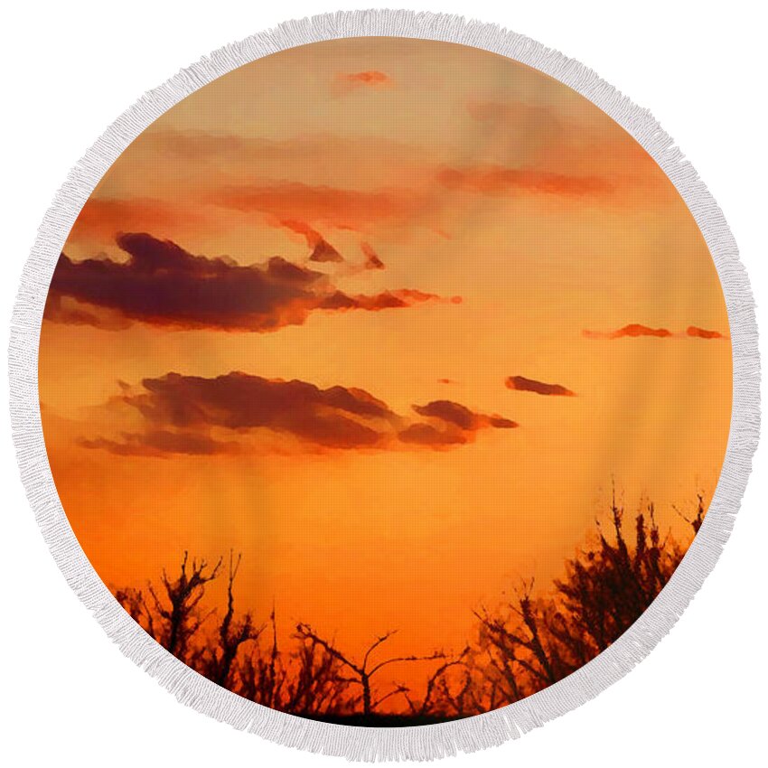 Orange Round Beach Towel featuring the mixed media Orange Sky at Night by Shelli Fitzpatrick