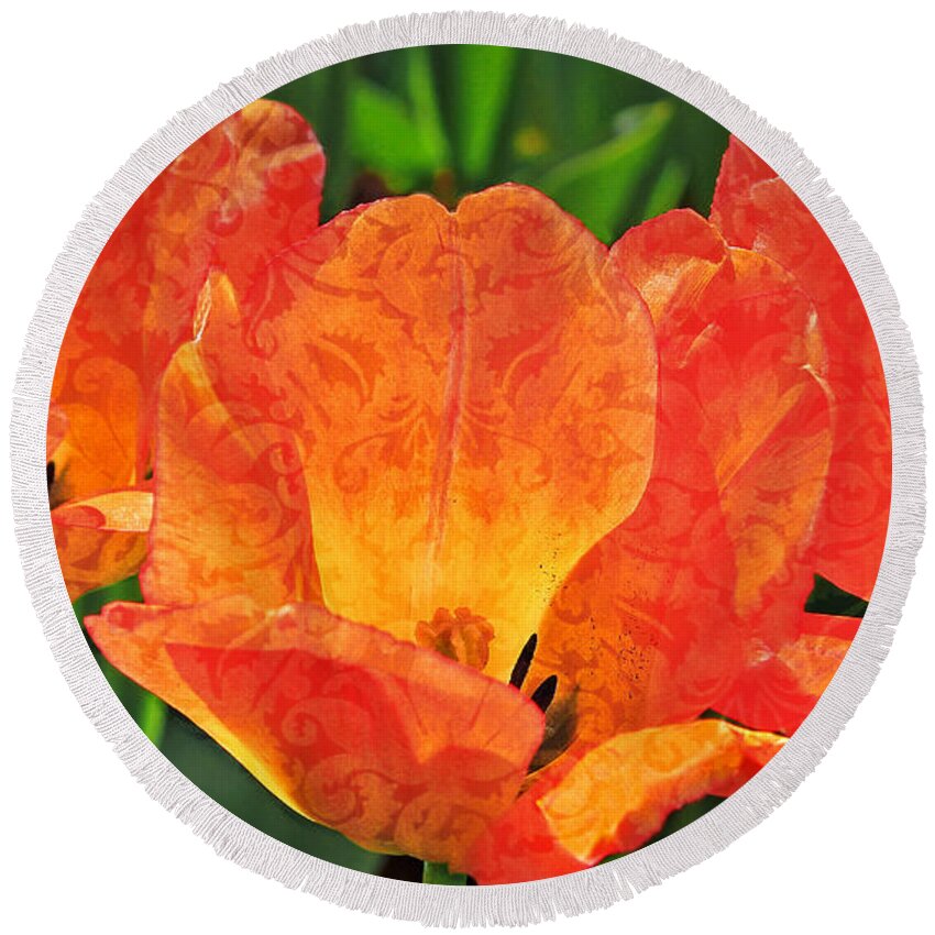 Tulip Round Beach Towel featuring the photograph Orange Tulips with Brocade by Donna Haggerty