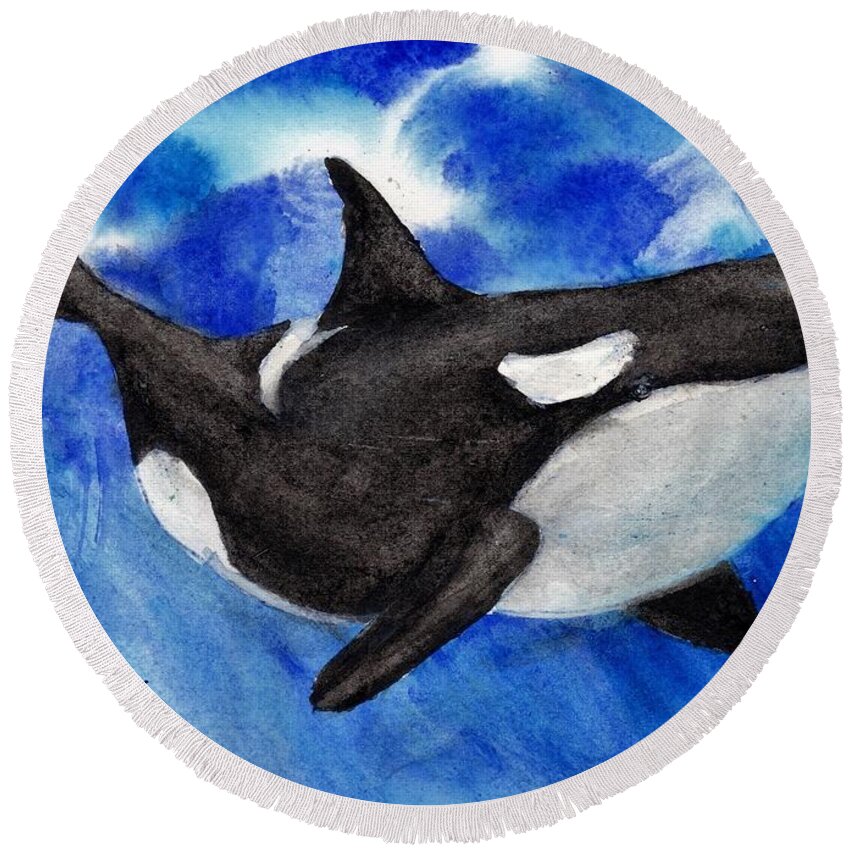 Ocean Round Beach Towel featuring the painting Orca Baby by Randy Sprout
