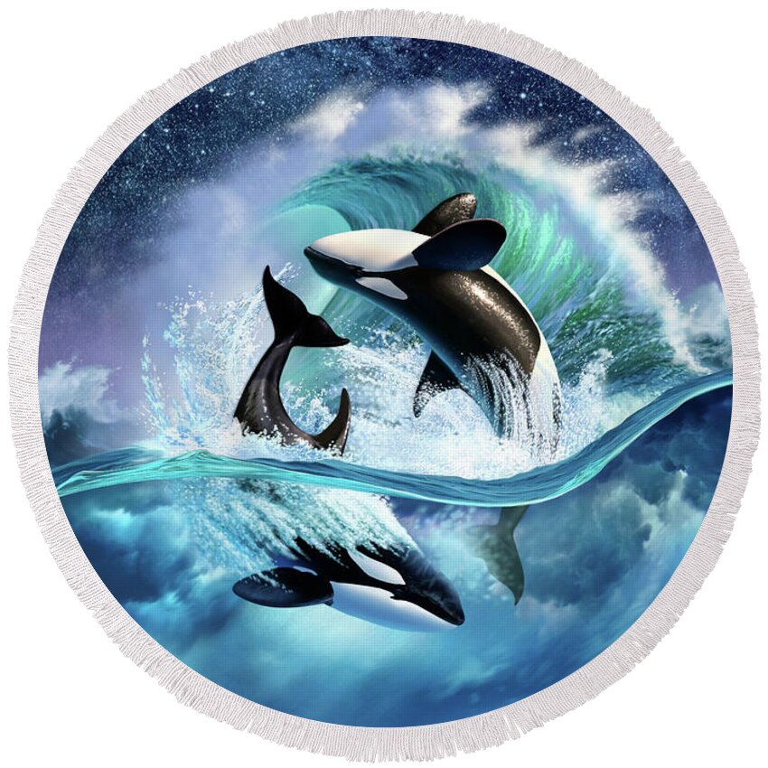 Orca Round Beach Towel featuring the digital art Orca Wave by Jerry LoFaro
