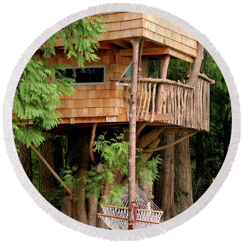 Treehouse Round Beach Towel featuring the photograph Orcas Island Treehouse by Art Block Collections