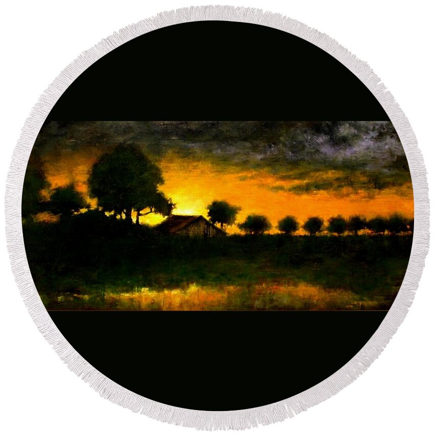 Painting Round Beach Towel featuring the painting Orchard Sundown by Jim Gola