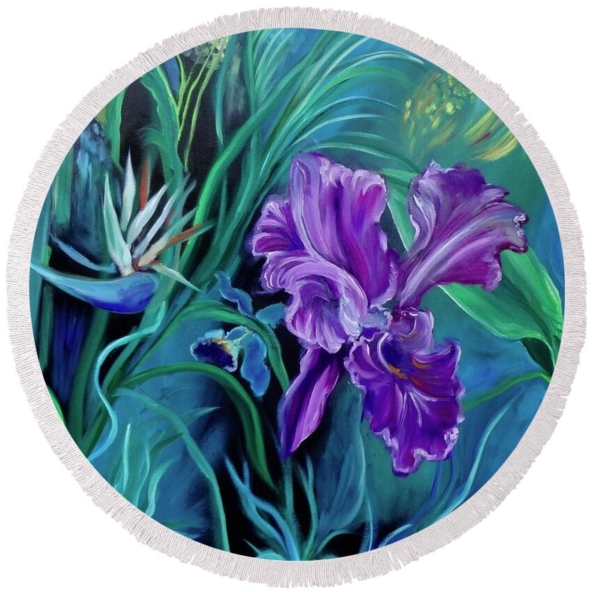 Color Swirls Round Beach Towel featuring the painting Orchid Jungle by Jenny Lee