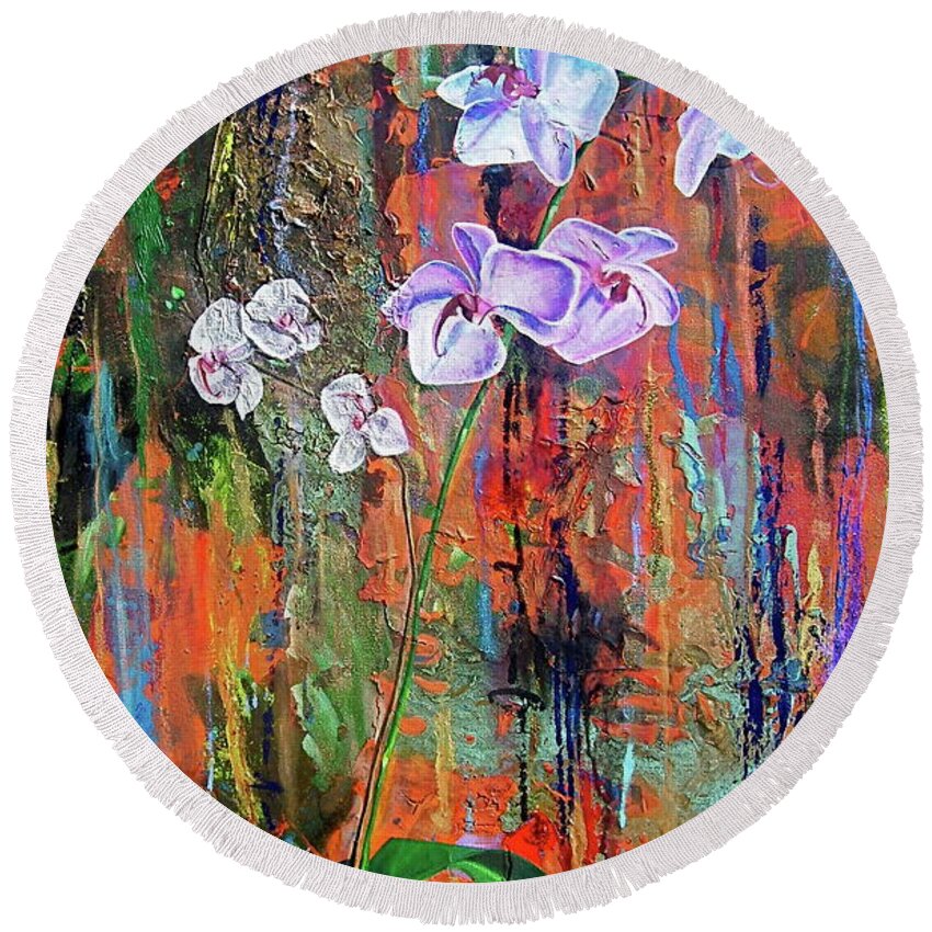 Orchid Art Round Beach Towel featuring the painting Orchid O by Laura Pierre-Louis