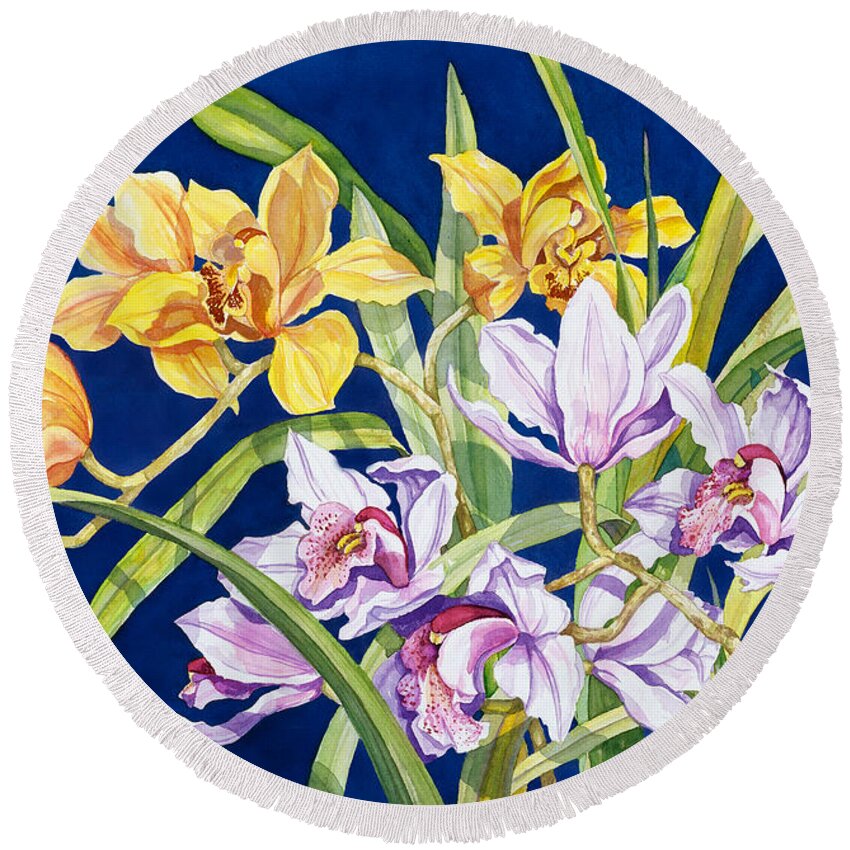 Orchids Round Beach Towel featuring the painting Orchids In Blue by Lucy Arnold