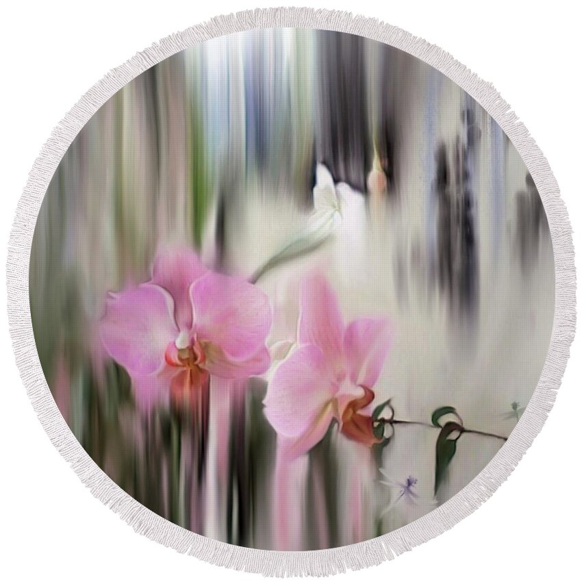Orchids Round Beach Towel featuring the digital art Orchids with dragonflies by Sand And Chi