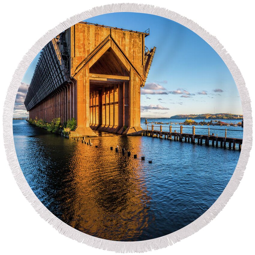 Water Round Beach Towel featuring the photograph Ore Dock by Joe Holley