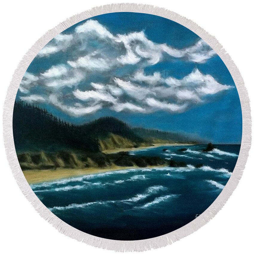 Oregon Round Beach Towel featuring the painting Oregon Coast by John Lyes