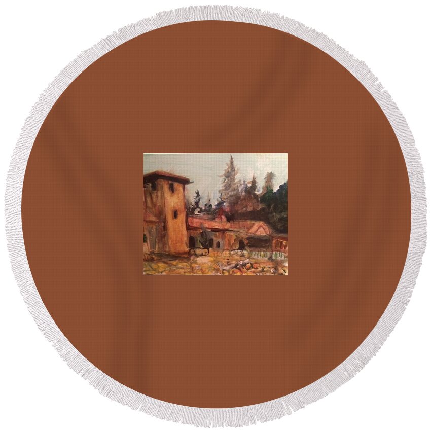 Tuscan Round Beach Towel featuring the painting Oregon Winery 2 by Denice Palanuk Wilson