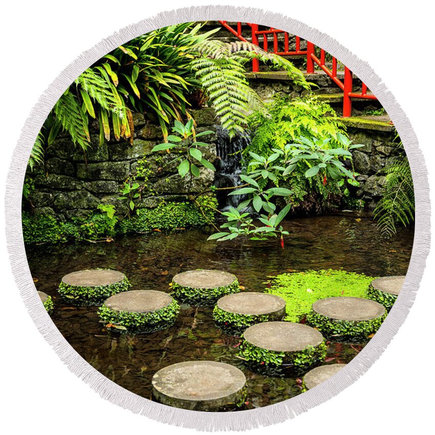 Tropical Round Beach Towel featuring the photograph Oriental Garden Stepping Stones by Brenda Kean