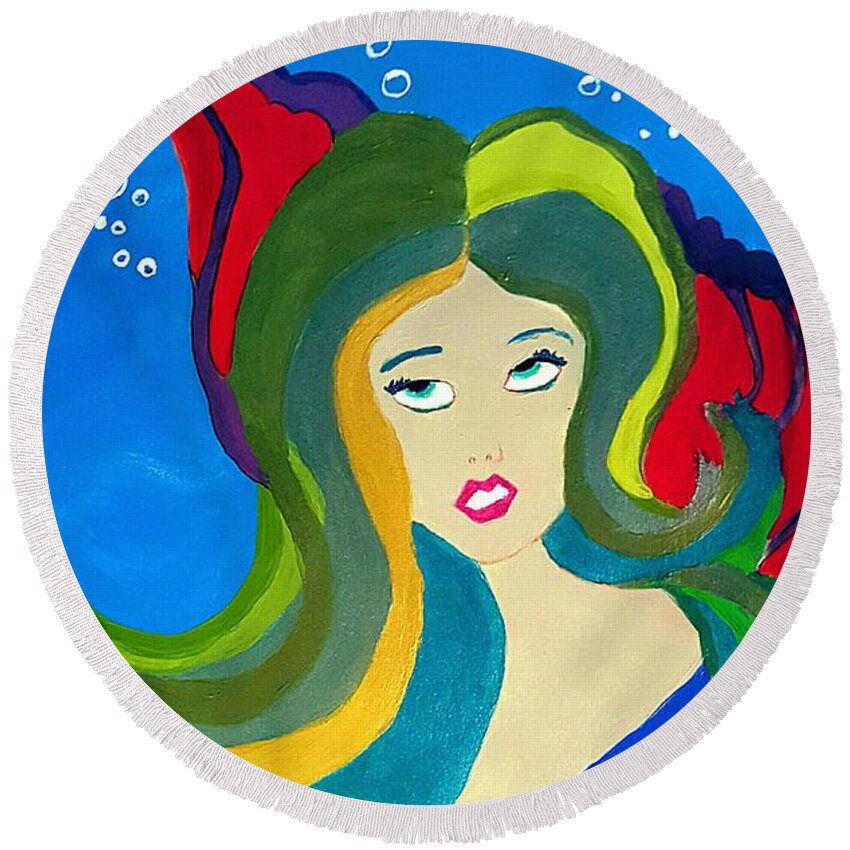Oriental Mermaid Round Beach Towel featuring the painting Japanese Mermaid Bubbles by Pamela Smale Williams