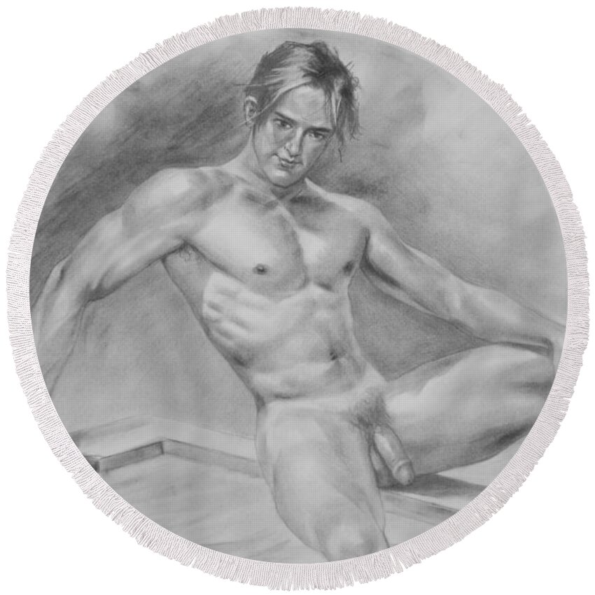 Male Nude Round Beach Towel featuring the drawing Original Charcoal Drawing Art Male Nude By The Pool On Paper #16-3-11-36 by Hongtao Huang