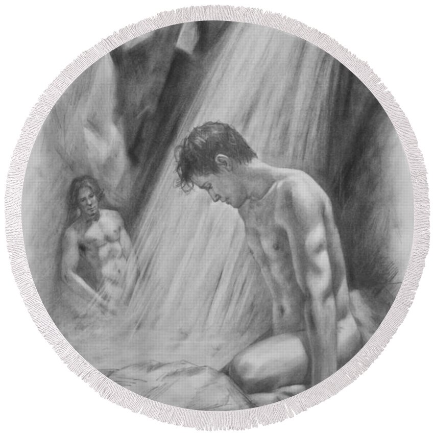 Drawing Round Beach Towel featuring the drawing Original Charcoal Drawing Art Male Nude By Twaterfall On Paper #16-3-11-16 by Hongtao Huang