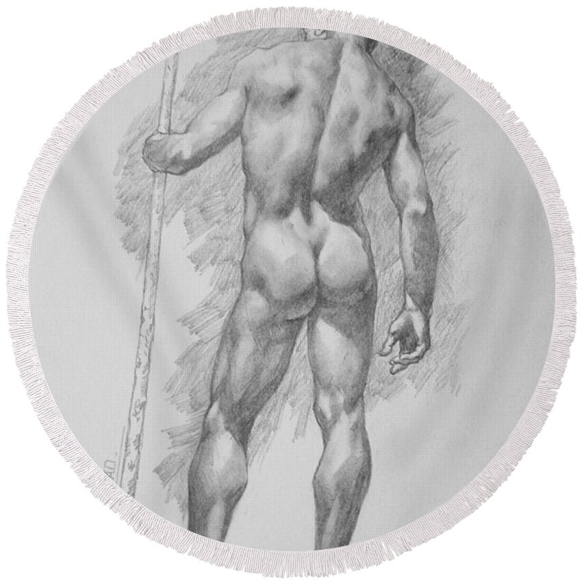 Drawing Round Beach Towel featuring the drawing Original Charcoal Drawing Art Male Nude On Paper #16-3-11-28 by Hongtao Huang