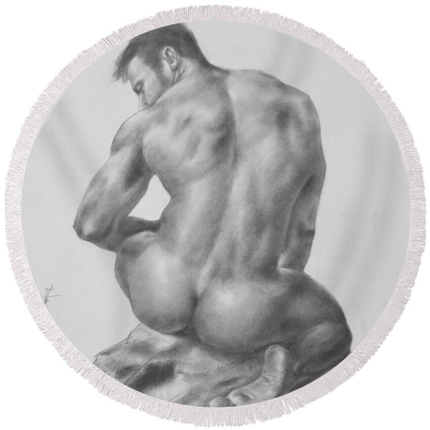 Original Art Round Beach Towel featuring the drawing Original Charcoal Drawing Art Male Nude On Paper #16-3-18-04 by Hongtao Huang