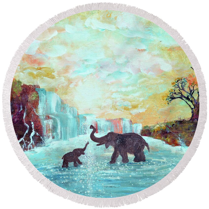 Elephants Round Beach Towel featuring the painting Original Elephant Painting- Love Makes The World Go Round by Ashleigh Dyan Bayer