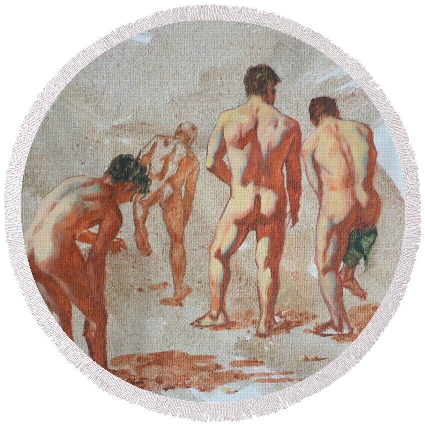 Original Art Round Beach Towel featuring the painting Original Sketch Oil Painting Artwork Male Nude Man Gay Interest On Canvas #9-019-2 by Hongtao Huang
