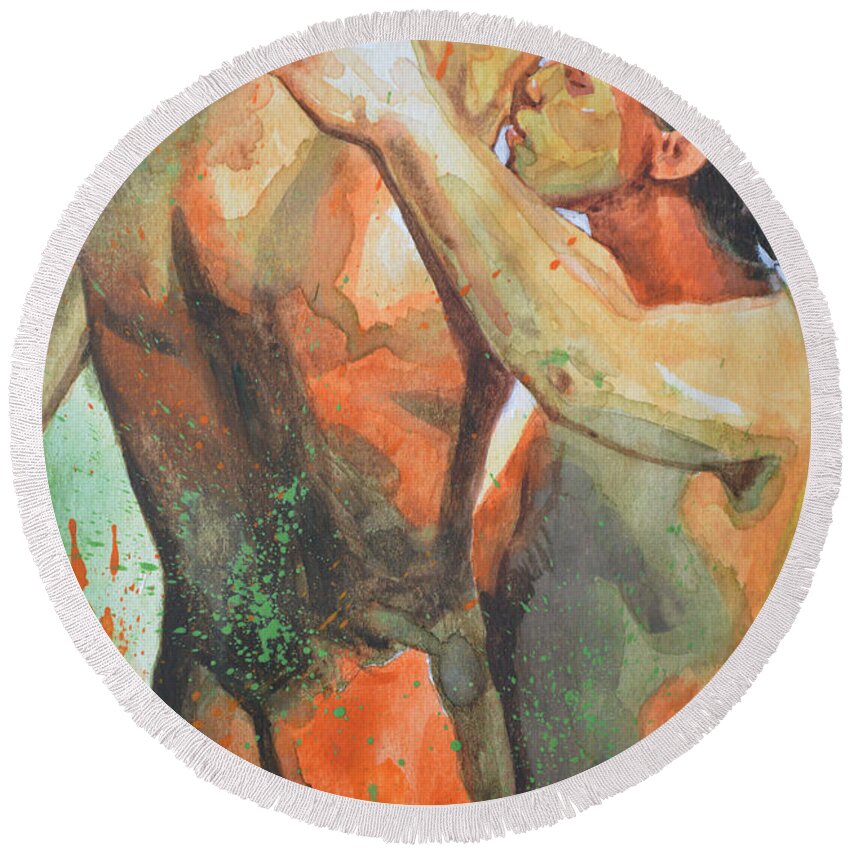 Original Art Round Beach Towel featuring the painting Original Watercolor Painting Drawing Art Male Nude Gay Man On Paper#510-1 by Hongtao Huang