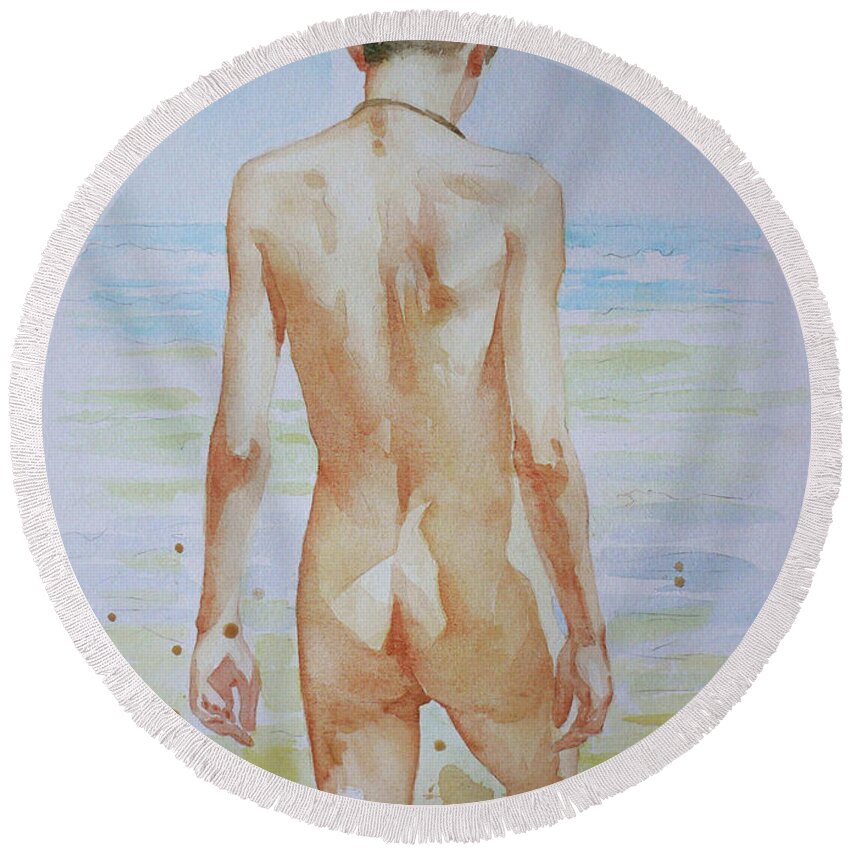 Watercolour Round Beach Towel featuring the painting Original Watercolour Painting Boy Nude On Paper#16-9-19 by Hongtao Huang