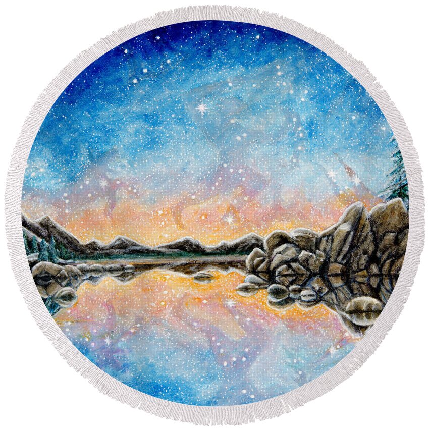 Tahoe Round Beach Towel featuring the painting Orion over Tahoe Winter by Matt Konar