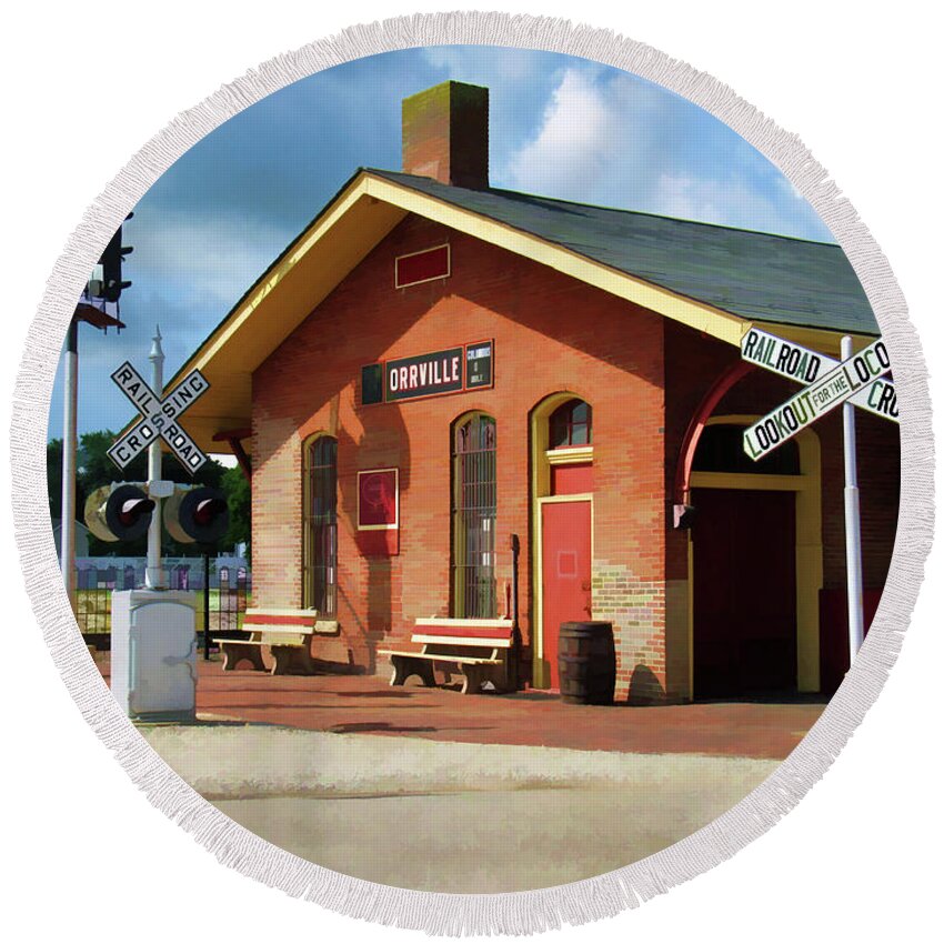 Orrville Ohio Round Beach Towel featuring the photograph Orrville Train Station by Roberta Byram