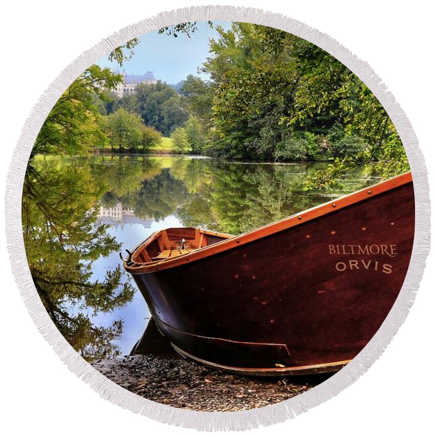 Biltmore Round Beach Towel featuring the photograph Orvis Rowboat And Biltmore Reflection by Carol Montoya