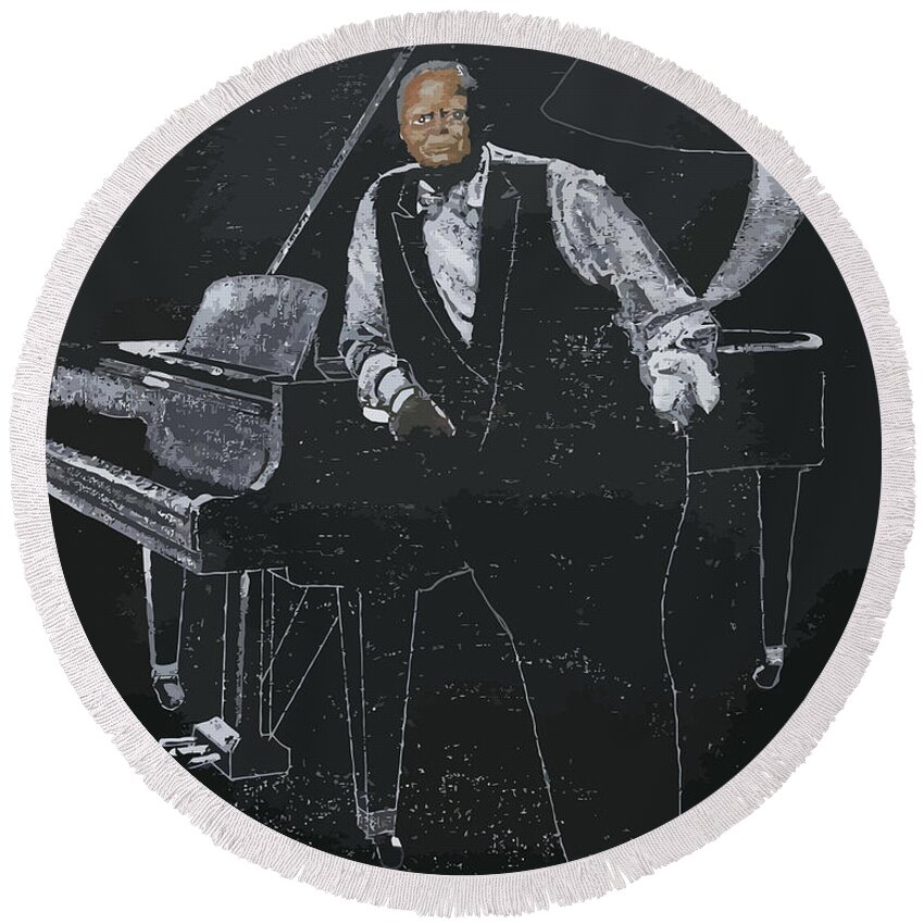 Jazz Round Beach Towel featuring the painting Oscar Peterson by Richard Le Page
