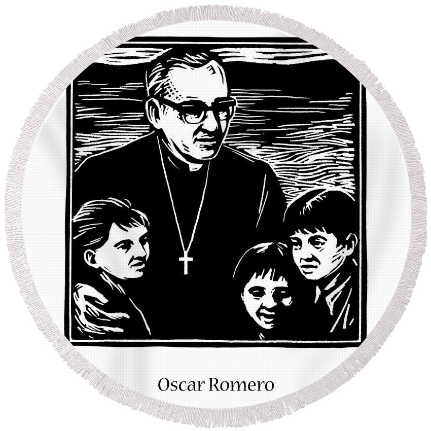 St. Oscar Romero Round Beach Towel featuring the painting St. Oscar Romero - JLOSC by Julie Lonneman