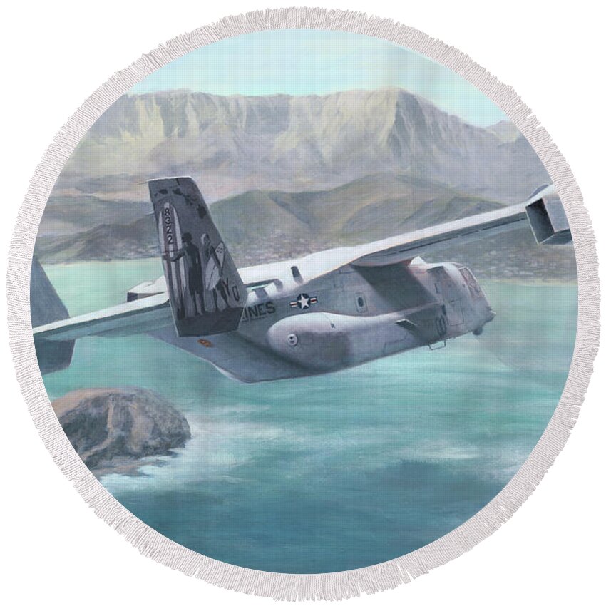 Mcas Round Beach Towel featuring the painting Osprey Over the Mokes by Stephen Roberson