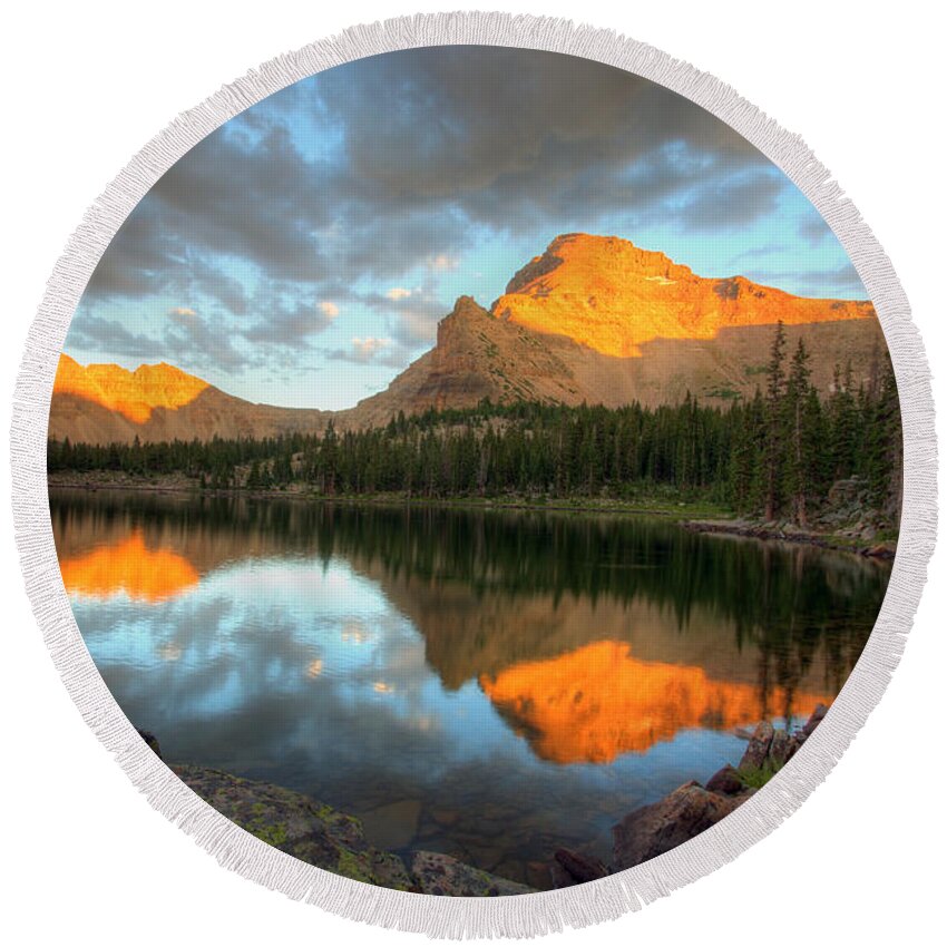 Landscape Round Beach Towel featuring the photograph Ostler Lake and Peak by Brett Pelletier