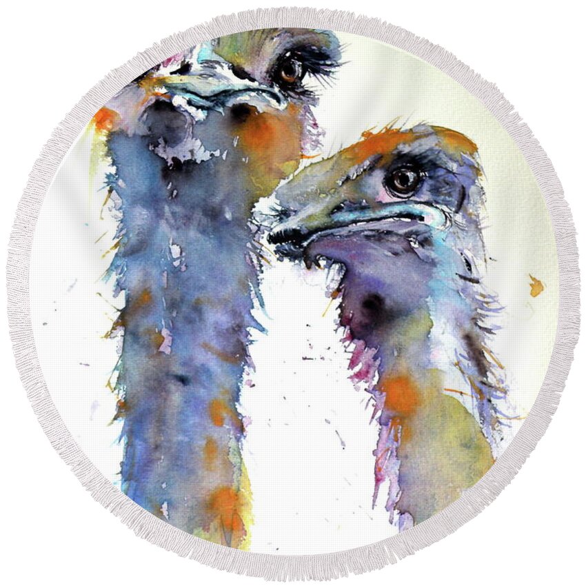 Bird Round Beach Towel featuring the painting Ostriches by Kovacs Anna Brigitta