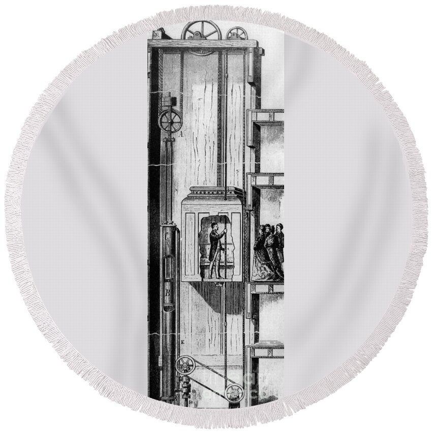 1880 Round Beach Towel featuring the photograph Otis Elevator, 1880 by Granger
