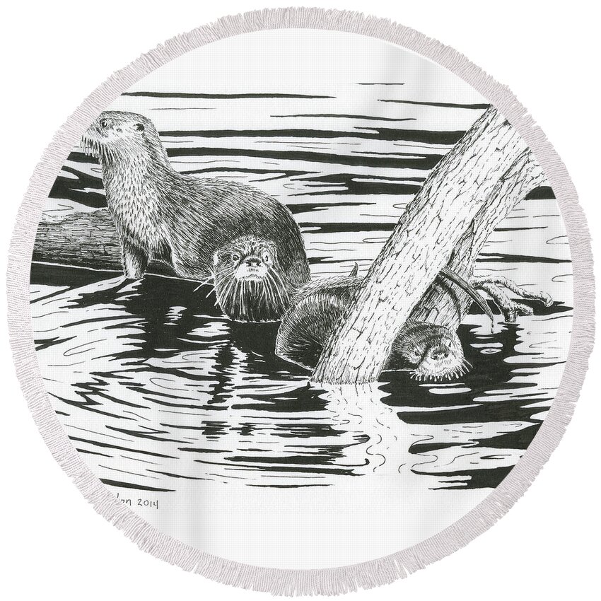 Otter Round Beach Towel featuring the drawing Otters Three by Timothy Livingston