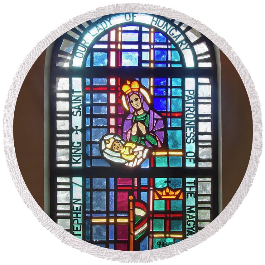 Stained Glass Window Round Beach Towel featuring the photograph Our Lady of Hungary by Sally Weigand