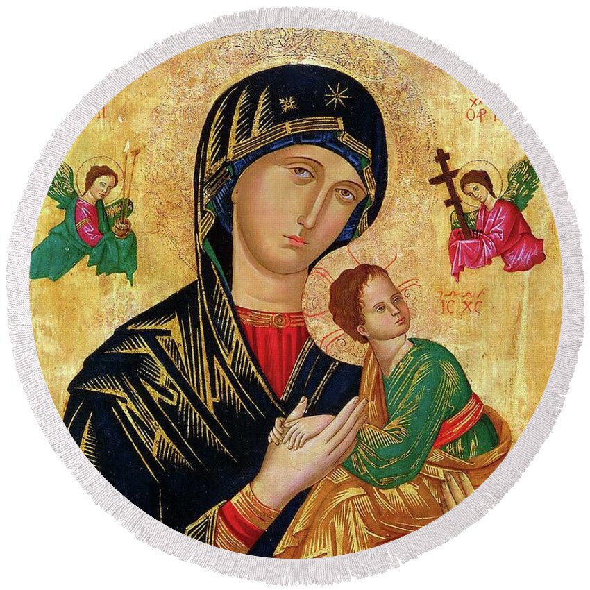 Our Round Beach Towel featuring the painting Our Lady of Perpetual Help Icon by Magdalena Walulik