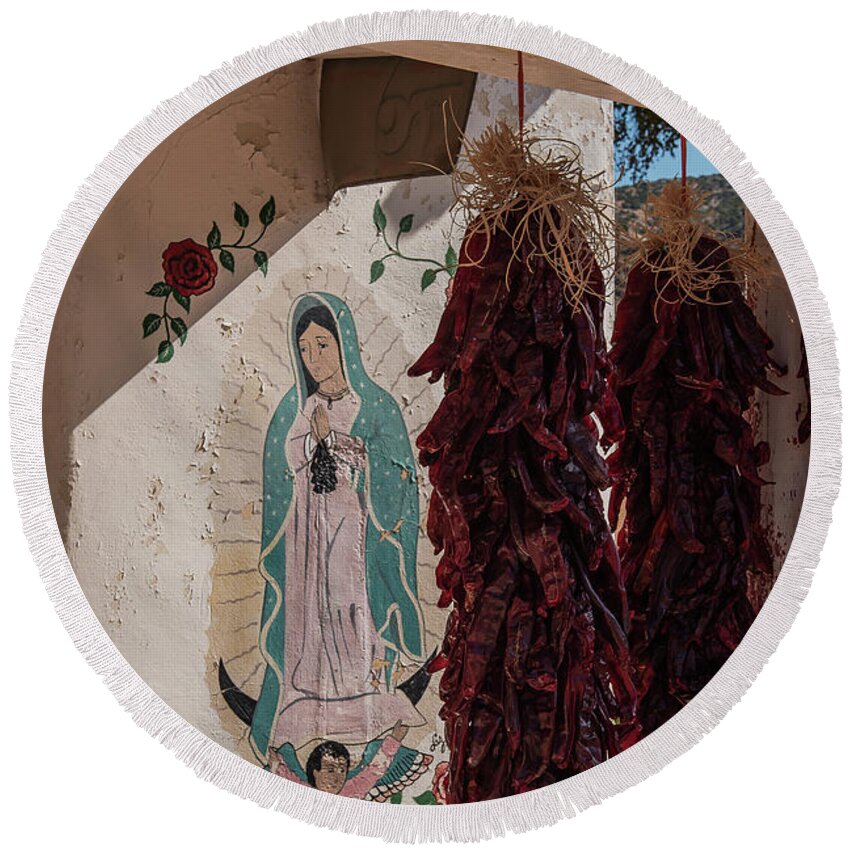 New Mexico Round Beach Towel featuring the photograph Our Lady of the Chilies by Bill Roberts