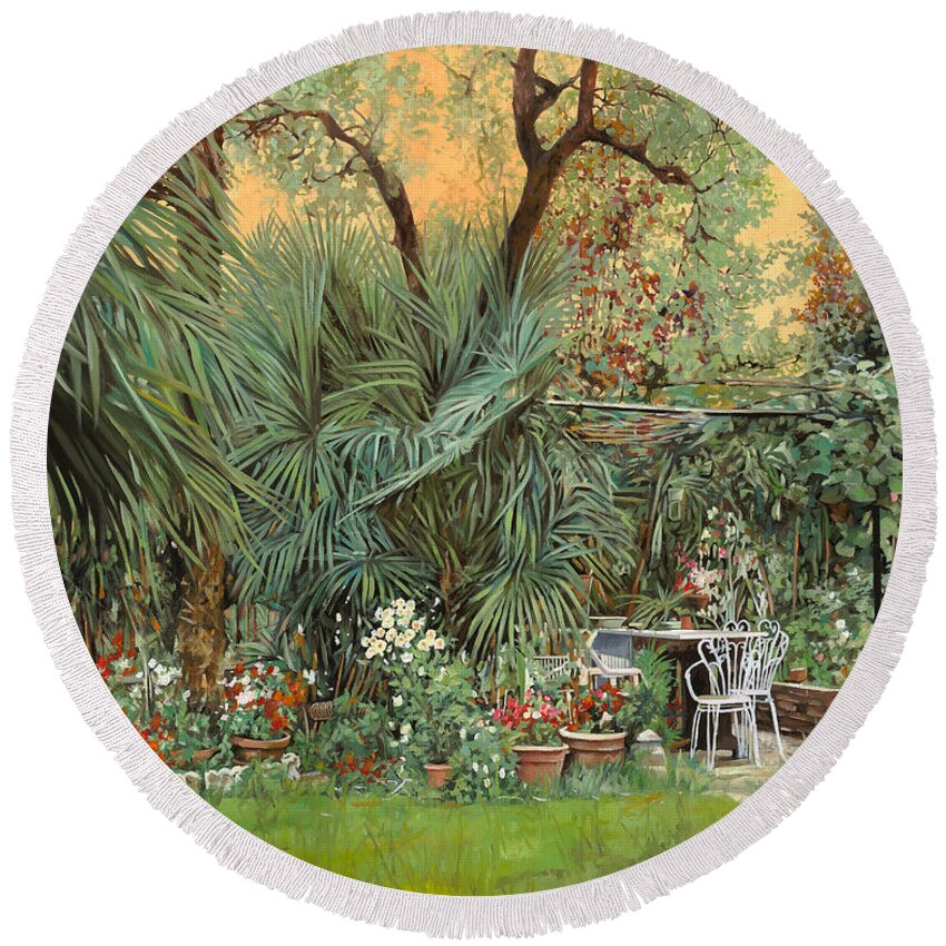 Garden Round Beach Towel featuring the painting Our Little Garden by Guido Borelli